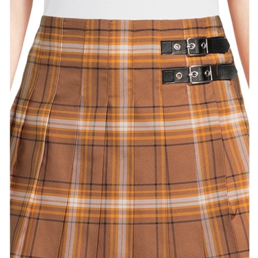 NOBO | Plaid Brown Pleated Skirt Faux Leather Buckle XXL Nwt! - Picture 5 of 5